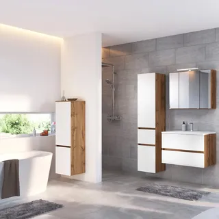 Badmöbel Set inkl. Waschbecken und Beleuchtung LOUROSA-03 in Wotaneiche Nb. mit matt weiß, B/H/T: ca. 140/200/47 cm - Braun