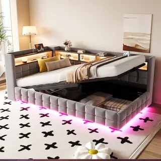 okwish Multifunktionales Schlafsofa 90×200 cm mit LED Bleuchtung und Steckdose,Jugendbett mit USB Steckdose Tagesbett mit Hydraulischem und Stauraum,mit Matratze,Hellgrau - Hellgrau