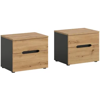 xonox.home – Nachttisch 2er Set Canu 50x42x37 cm in Artisan Eiche Nachbildung und Anthrazit – Modernes Nachtschrankset mit Stauraum und Ablage – elegant, funktional & pflegeleicht