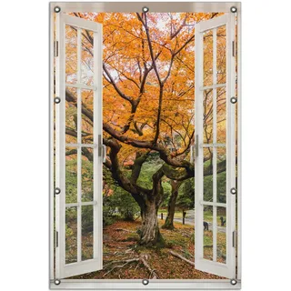 Wallario Outdoor-Poster für Garten oder Balkon 80 x 120 cm: Gelber Ahornbaum im Herbst in Japan - Schwarz