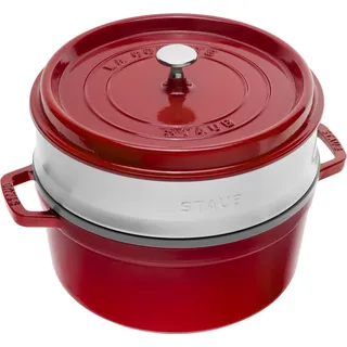 STAUB Gusseisen Bräter/Cocotte, mit Dämpfeinsatz aus Edelstahl, Rund 26 cm, 5,2 L, Aromaregen Funktion für optimale Befeuchtung, Für alle Herdarten inkl. Induktion & Backofen, Kirschrot, Rot