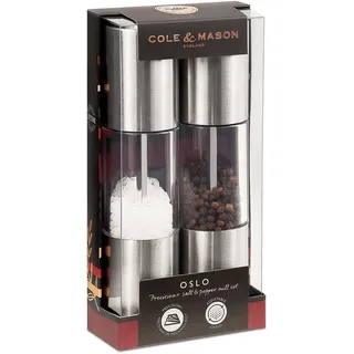 Cole & Mason H56390P Oslo Salz und Pfeffer Mühle, 2er Set Manuell, Keramikmahlwerk, Edelstahl/Acryl, 185mm, Geschenkset