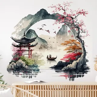 COVPAW Wandtattoo Landschaft Chinesisch Malerei Wandaufkleber Wohnzimmer Schlafzimmer Berg Pavillon China-Tür Fluss Boot Wandsticker Kinderzimmer Küche Büro Wanddekoration (China Door)
