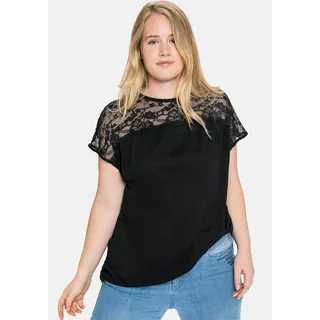 Spitzenshirt SHEEGO "Spitzenshirt", Damen, Gr. 44/46, schwarz, 100% Viskose, unifarben, Rundhals, Shirts Spitzenshirt