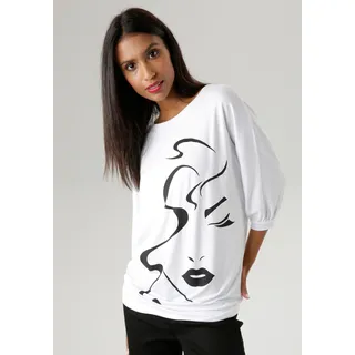 Fledermausshirt ANISTON SELECTED, Damen, Gr. 42, schwarz-weiß (weiß, schwarz), Single Jersey, Obermaterial: 95% Viskose, 5% Elasthan, bedruckt, lässig geschnitten hüftbedeckend, Rundhals, Fledermausärmel Bündchen, Shirts Fledermausshirt, mit abstraktem Gesichtsdruck, Topseller