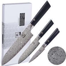 zayiko Black Edition Damastmesser 3er-Set | Klingen von 9-18 cm Aus 67 Lagen Edlem Dunklem Damaststahl | Ergonomische Pakkaholzgriffe | Premium Küchen- und Profi Kochmesser-Set