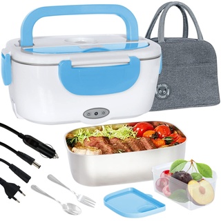 Poligono Elektrische Lunchbox Speisenwärmer 220V 12V, 1.5L Tragbare Elektrische Brotdose für Haushalt und Auto, Container aus Edelstahl 304, Blau