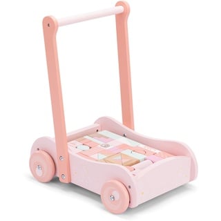 Navaris Lauflernwagen aus Holz mit 46 Bauklötzen - Lauflernhilfe für Babys - Laufwagen für Mädchen und Jungen - Baby Gehhilfe Lernlaufwagen - Rosa