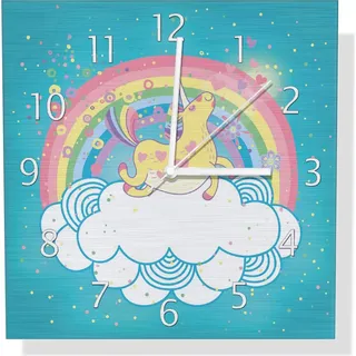 Wallario Design Wanduhr Lustiges Einhorn auf einer Wolke vor Regenbogen aus Aluverbund, Größe 30 x 30 cm - Türkis