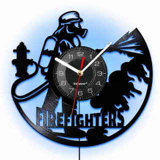 Viiluuxr Ausgefallene LED-Feuerwehr-Wanduhr 30 cm, leise Vinyl-Uhr, schwarz | Schwarze LED-Wanduhr im Schallplatten-Look mit Feuerwehrmotiv, 30 cm, 7 Farben per USB für Feuerwache, Büro und Hobbyraum
