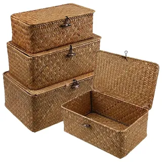 Rattan Korb mit Deckel, 3 Stück Aufbewahrung Korb aus Natürliches Seegras, Multifunktionaler Aufbewahrungskorb, Geflochtener Regalkörbe (B)