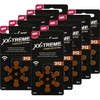 XX-Treme Longlife Extra Hörgerätebatterien Typ 312-60 Stück Hörgeräte Batterien konzipiert für höchste Leistung – Pack mit 10 Blistern à 6 Hörgerätebatterien – PR41 Farbcode braun 1,45 Volt