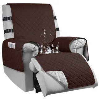 Sesselschoner für Fernsehsessel, 100% Wasserdicht 1 Sitzer Sesselschoner mit 3 Taschen, rutschfest Sesselauflage Relaxsessel mit 2 Verstellbaren Riemen, Waschmaschinenfest, Dunkelbraun, S