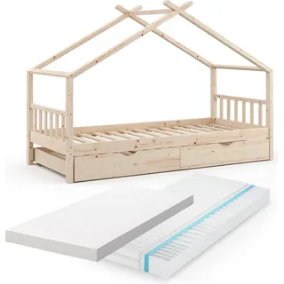 Hausbett Vitalispa Design Naturholz 90x200 cm mit Gästebett und 2 Matratzen, Model 36827 - Braun