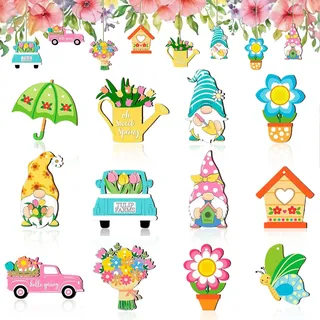 LUYANFX 12 Stück Holzanhänger Frühling, Holzanhänger Blumen, Wichtel Holz Anhänger, Frühlingsdeko Holz Bunt, Frühlings Deko für Ostern Heimdekoration (Gelb)