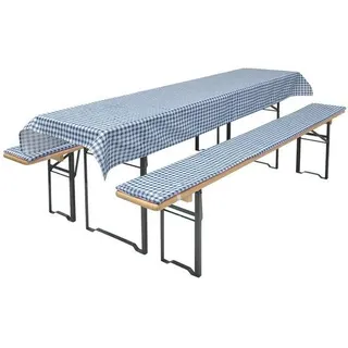 Ibenzoa® Biertisch- & Bankauflagen-Set – 2 Sitzkissen 220×25×1,6 cm + Tischdecke 240×70/90 cm, 70% Polyester/30% Baumwolle, PolyurethanFüllung, mit Gummibändern, Tischdecke 40°C waschbar - Blau
