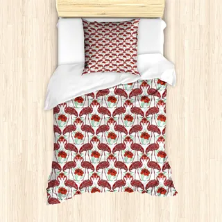 ABAKUHAUS Flamingo Bettbezug Set für Einzelbetten, Künstlerische Blumenvögel, Milbensicher Allergiker geeignet mit Kissenbezug, Meeresgrün Korallenrot Rot
