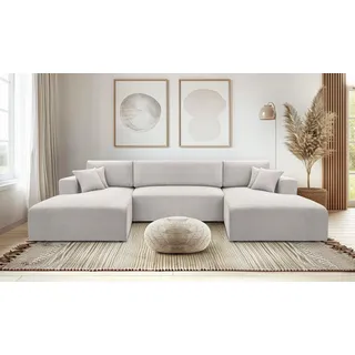 AX LIVING Ecksofa Weiß mit Schlaffunktion – Catea U Cord Wohnlandschaft 364 cm - Creme