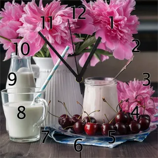 Wallario Design Wanduhr Milch mit Kirschen zum Frühstück mit rosa Blumenarrangement aus Echtglas, Größe 30 x 30 cm - Rosa