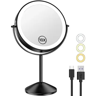 Gospire 8 Zoll Wiederaufladbar Kosmetikspiegel mit Licht, 3 Farben & Dimmable LED, 1X/10X Doppelseitiger Vergrößerung Schminkspiegel, 360°Schwenkbar Make-up Spiegel für Reise Zuhause, Schwarz