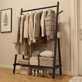 AQIMUELE Kleiderständer, Mobiler Garderobenständer aus Massivholz, Garderobe, Kleiderablage, mit Stange, Regal und 4 Haken, Einfache Montage, für Schlafzimmer und Garderobe (Schwarz - mit Rollen)