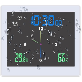 ThreeH Badezimmeruhr mit Wecker Wasserdichter Dusch Timer Digitale Wanduhr Visueller Countdown Timer Innenraumtemperatur Luftfeuchtigkeitsanzeige Weiß