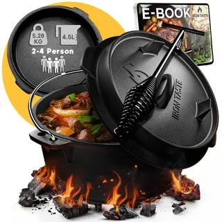 IRON TASTE Dutch Oven Set 4.5L - Eingebrannter Dutch Oven 4.5 Liter - Feuertopf Gusseiserner Topf mit Füßen & mit praktischem Deckelheber [für 2-4 Personen]
