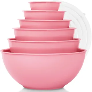 BoxedHome 12-teiliges Salatschüssel mit Deckel aus BPA-freiem Kunststoff, Rosa - Stapelbare Rührschüssel Set, Wiederverwendbare, Spülmaschinenfest, Ideal für Camping, Picknicks, Backen und Kochen
