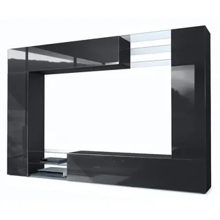 Vladon Wohnwand Mirage, (Anbauwand mit Rückwand mit 2 Türen, 2 Klappen und 6 offenen Glasablagen), Schwarz matt/Schwarz Hochglanz (262 x 183 x 39 cm) schwarz