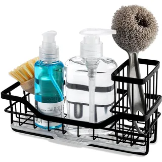 Spülbecken Organizer Küche Organizer Spüle Schwamm Halter, Premium-Edelstahl Waschbecken Organizer Küche mit Abnehmbaren Tropfschale und Anti Rutsch Streifen - Schwarz (22 x 9 x13 cm)