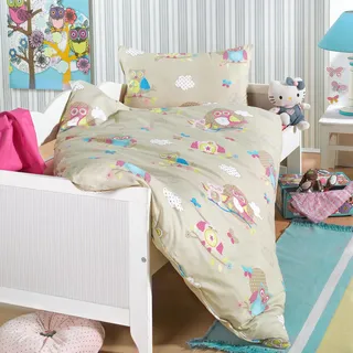 BaSaTex Kinder Baby Bettwäsche Set für Mädchen und Jungen | 100x135 cm + 40x60 cm | 100% Baumwolle Renforcé | Reißverschluss | Eule |Creme – beige