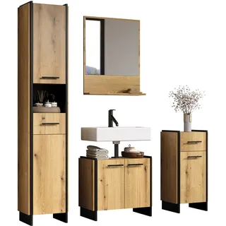trendteam smart living - Safiya - Badmöbel - Eiche/Schwarz - Set mit Hochschrank, Waschbeckenunterschrank, Standschrank und Wandspiegel - (BxHxT) 154 × 190 × 34 cm - Industrieller Stil