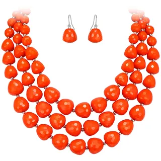 EVER FAITH Böhmische Mehrschichtige Halskette Ohrringe Set, Orange Statement Beaded Chunky Kragen Bib Schmuck-Set für Damen