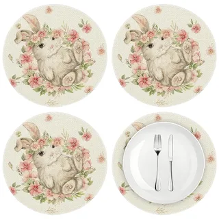 Runde Tischsets mit Hasen Motiv für Ostern, 4 Stück 36cm Ostern Platzset, Platzdeckchen, Placemat, Teller Untersetzer, Frühling Esstisch Dekoration für Restaurant Küche Esszimmer Party Couchtisch (A)