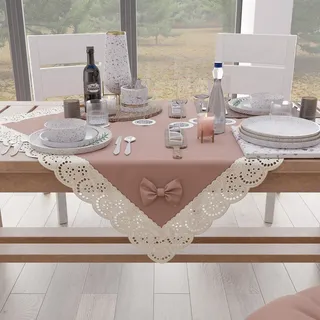 PETTI Artigiani Italiani - Quadratische Mitteldecke, Baumwolle mit Sangallo-Spitze und Schleifen, 95 x 95 cm, Puderrosa