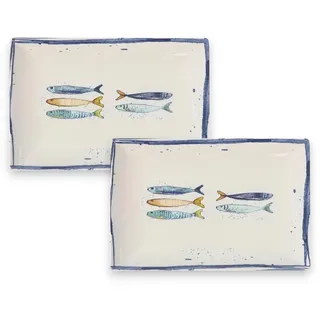 Teller im mediterranen Design mit Sardinen-Motiv | Maritime Speiseteller (26 cm), Suppenteller (21 cm) oder Dessertteller (20 cm) - robust, Steinzeug, glattes Finish (2er Set rechteckig (30 x 20cm))