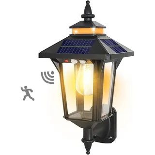 Moman Solarlampe für Außen, Vintage Solarleuchte für Außenwand mit Bewegungsmelder 2200mAh 4 Solarpanel 3 Modi IP65 Wasserdicht für Garten Zaun Garage, Solar-Lampe-Außen-Bewegungsmelder-Wandleuchte