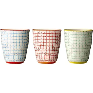 Bloomingville Latte Macchiato Becher ohne Henkel Carla Retro Tee-Tasse Kaffee-Becher Vintage Set Ø 8,5 x H 9,5 cm, blau rot grün, Keramik, 3er Set, fasst ca. 300 ml