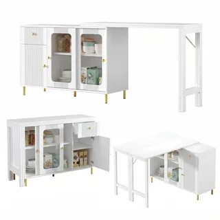 FurnitureR Sideboard Buffetschrank 122 x 40 x 82 cm, Weiß, ausziehbare Anrichte mit klappbarer Tischplatte, 1 Schublade, 3 Türen, transparenten Glastüren für Küche Esszimmer Wohnzimmer
