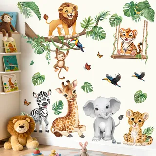 decalmile Wandsticker Tiere Baum Zweig Wandtattoo Dschungel Tiere Safari Löwe Elefant Wandaufkleber Junge Babyzimmer kinderzimmer Wanddeko