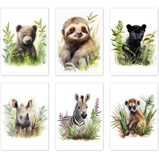 codiarts. 6er Poster Set | Tierportraits für Kinderzimmer | Tierbilder Babyzimmer Deko | Kunstdruck von Aquarellbildern | Poster ohne Rahmen