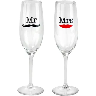 Geschenke 24 Sektgläser zur Hochzeit I 2er Set Mr und Mrs I Sektkelche mit Motiv Kussmund und Schnurrbart für das Brautpaar I Champagnergläser als das perfekte Hochzeitsgeschenk I Tischdekoration