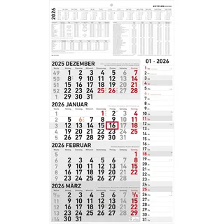 Zettler 4-Monatskalender Kombi 2026 – Wandkalender 33 × 59 cm mit Datumsschieber, 4 Monate pro Blatt, Extra-Streifenkalendarium für Notizen, Monatsübersicht Dez. 2025–Jan. 2027, Ferien & Feiertage