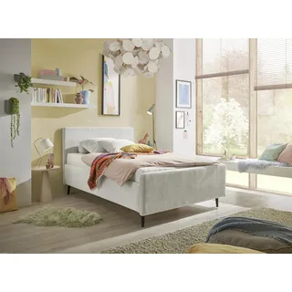 Stella Trading Polsterbett 140x200 Peach in Cord-Optik, Bettgestell mit gepolstertem Kopfteil & Holzfüßen, modernes Stoffbett, ohne Matratze & Lattenrost, Ivory