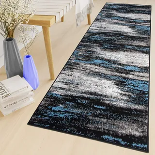 TAPISO Maya Teppich Läufer Meterware Kurzflor Wohnzimmer Flur Küche Modern Brücke Grau Blau Schwarz Verwischt Meliert Design ÖKOTEX 70 x 140 cm