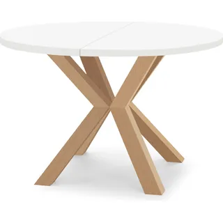 Runder Ausziehbarer Tisch für Esszimmer RAL mit Holzbeinen, Loft-Stil, Industriel, Durchmesser: 110 / 210 cm, Farbe: Weiß / Buche Natur - Weiß, Braun