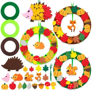 Benjia Herbst Bastelset für Kinder, 4 Stück Herbst Kranz Bastelset und ein Igel Bastelset, DIY Filz Herbst Basteln Herbstkranz Ornamente für Halloween Weihnachten