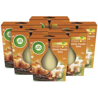 Air Wick Wohlfühl-Duftkerze im Glas – Duft: Warm Vanilla Wish – Je bis zu 20 Stunden Brenndauer – Enthält natürliche ätherische Öle – 6 x 105 g Duftkerzenset, Gelb