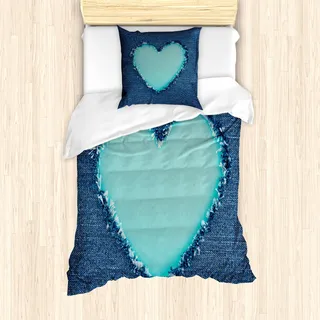 ABAKUHAUS Marine und Teal Mantele, Denim-Herz-Liebe, Milbensicher Allergiker geeignet mit Kissenbezügen, 135 cm x 200 cm - 80 x 80 cm, Marine-Blau und Seafoam