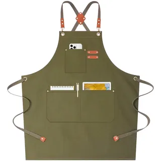 AFUN Kochschürzen für Damen und Herren, mit übergroßen Taschen, 340 g, Baumwoll-Leinen, Kreuzrücken, wasserabweisend